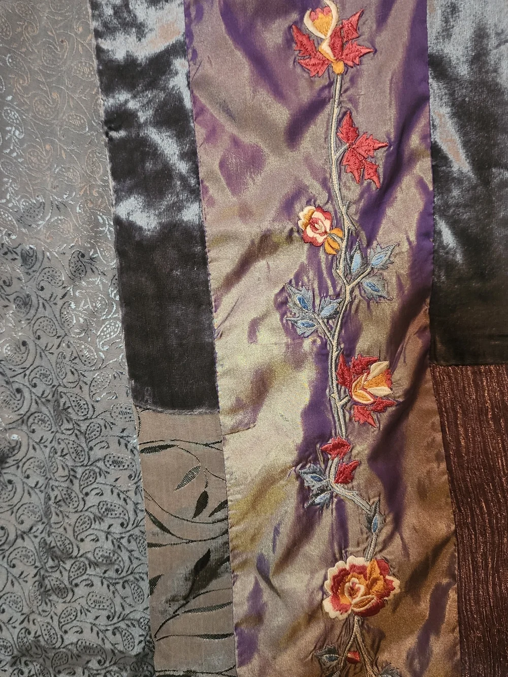 Velvet And  Satin Scarft W Embroidered Flowers